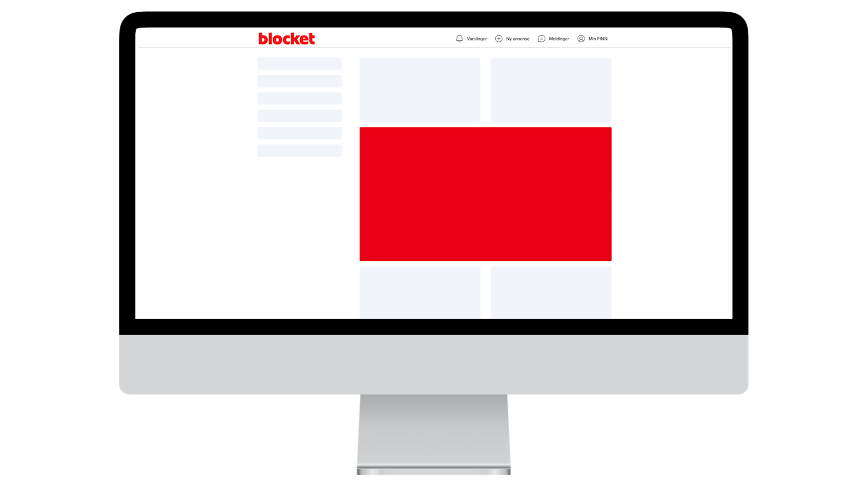 Datorskärm som visar Blockets webbplats med röd logotyp överst och ett stort rött innehållsblock i mitten.