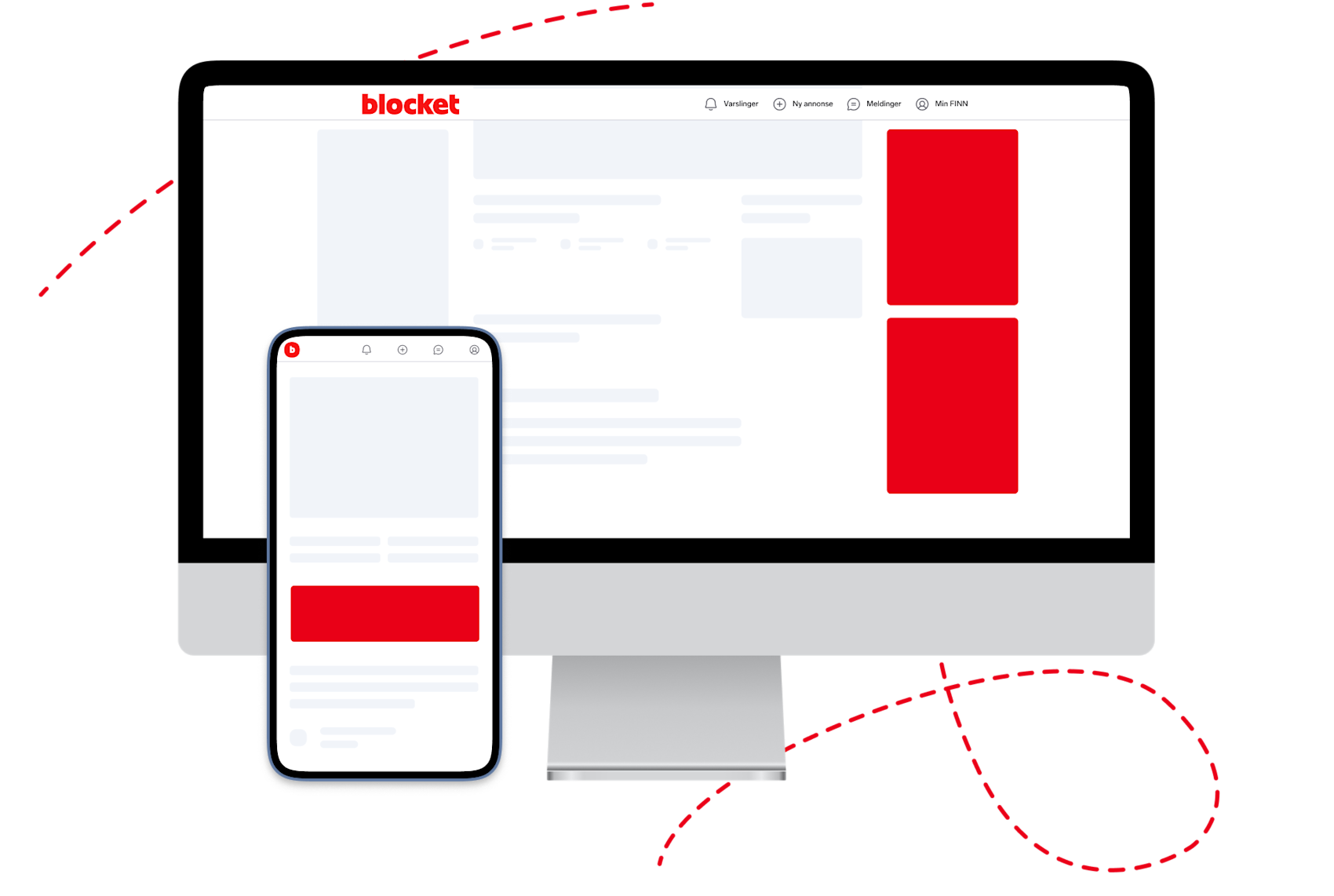 Skärmdump av Blockets webbplats visad på både datorskärm och mobiltelefon, med röda annonsutrymmen och röda streckade linjer.