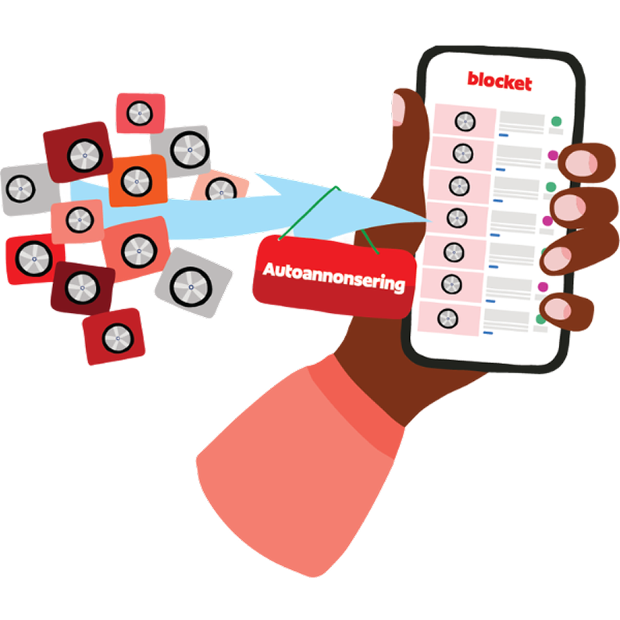 Hand håller smartphone med "blocket" app som visar autoannonsering, färgglada ikoner strömmar in till telefonen.