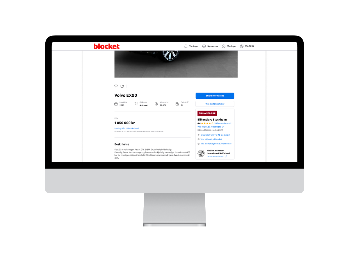 Datorskärm som visar Blocket-annons för en Volvo EX90, prissatt till 1 050 000 kr, säljs av bilhandlare i Stockholm.