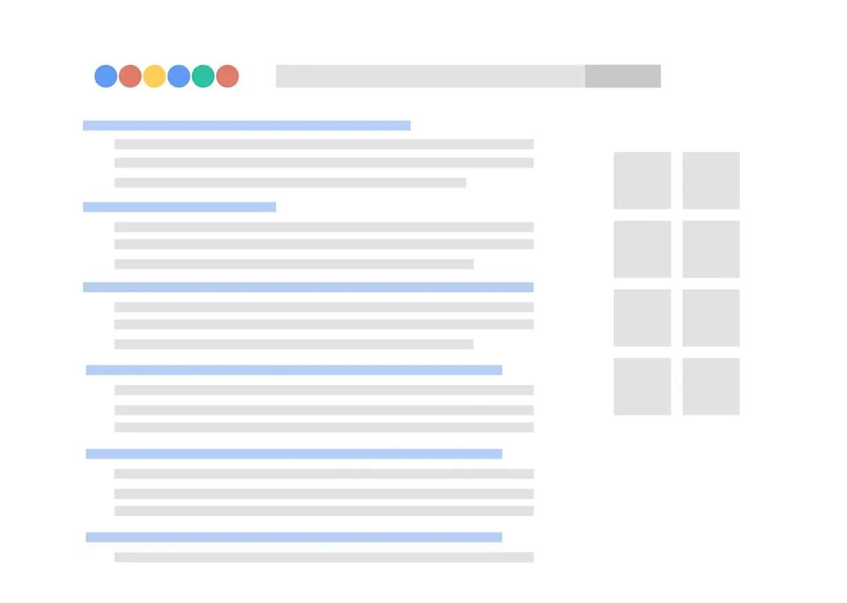 En wireframe av en webbsida med färgglada ikoner överst, sökfält och flera innehållssektioner med tillhörande bilder.