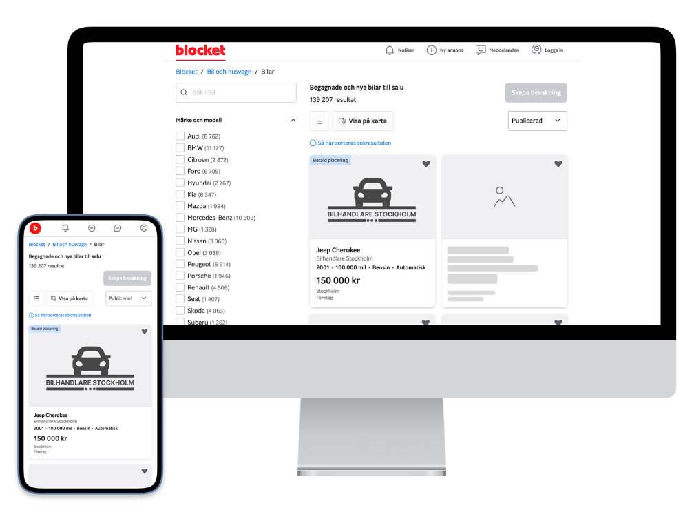 Blocket bilsökningsgränssnitt visat på dator och mobil, med en Jeep Cherokee annons från Bilhandlare Stockholm för 150 000 kr.