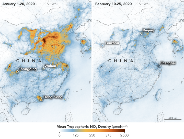 china air pollution decrease after coronavirus. Photo credit to NASA and ESA