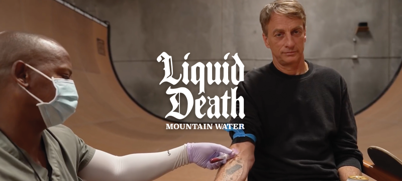 Tony Hawk x Liquid Death Skateboard Collab Used Skater's Own Blood