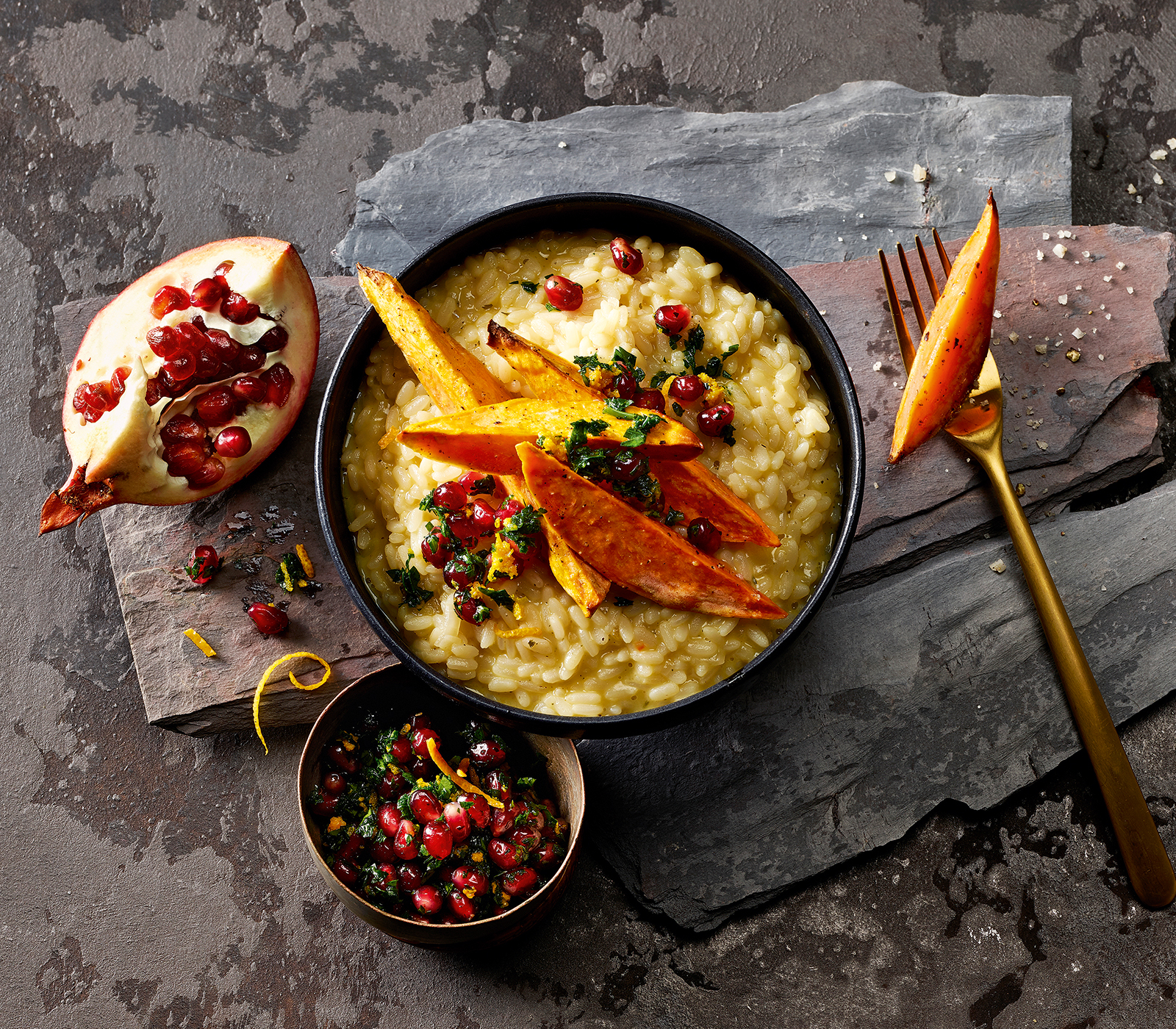 201711 risotto mit gebackener suesskartoffel und granatapfel-gremolata