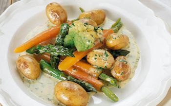 Romanesco-Kefen- Gemüse mit Poulet an Basilikumsauce - Annemarie