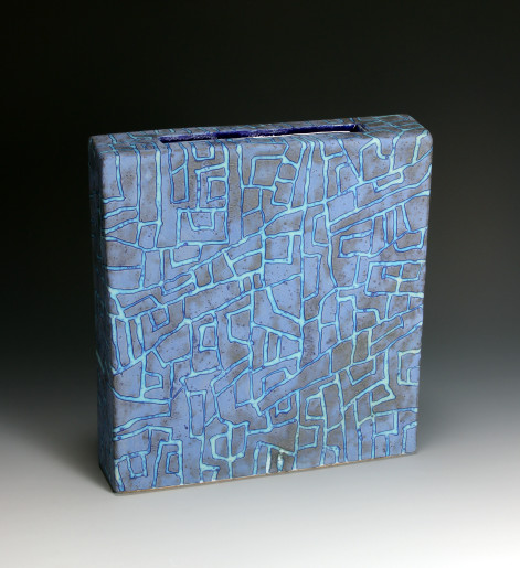 Dark blue slab vessel with ice pattern 26cm h 24cm w 5 and half cm deep