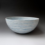 ME21-4 Bowl lines, h.16xd.35cm, white-blue, porcelain-handbuild, TerraDelft2