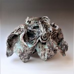 HT2302 Swirls in turqoois, 30x40x38cm., stoneware-engobe-glaze, TerraDelft2