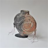 McW21-3 Majiayao Vase M1, h.30,5x31x8cm, woodfired stoneware on slate foot - porcelain beads on wire, TerraDelft1