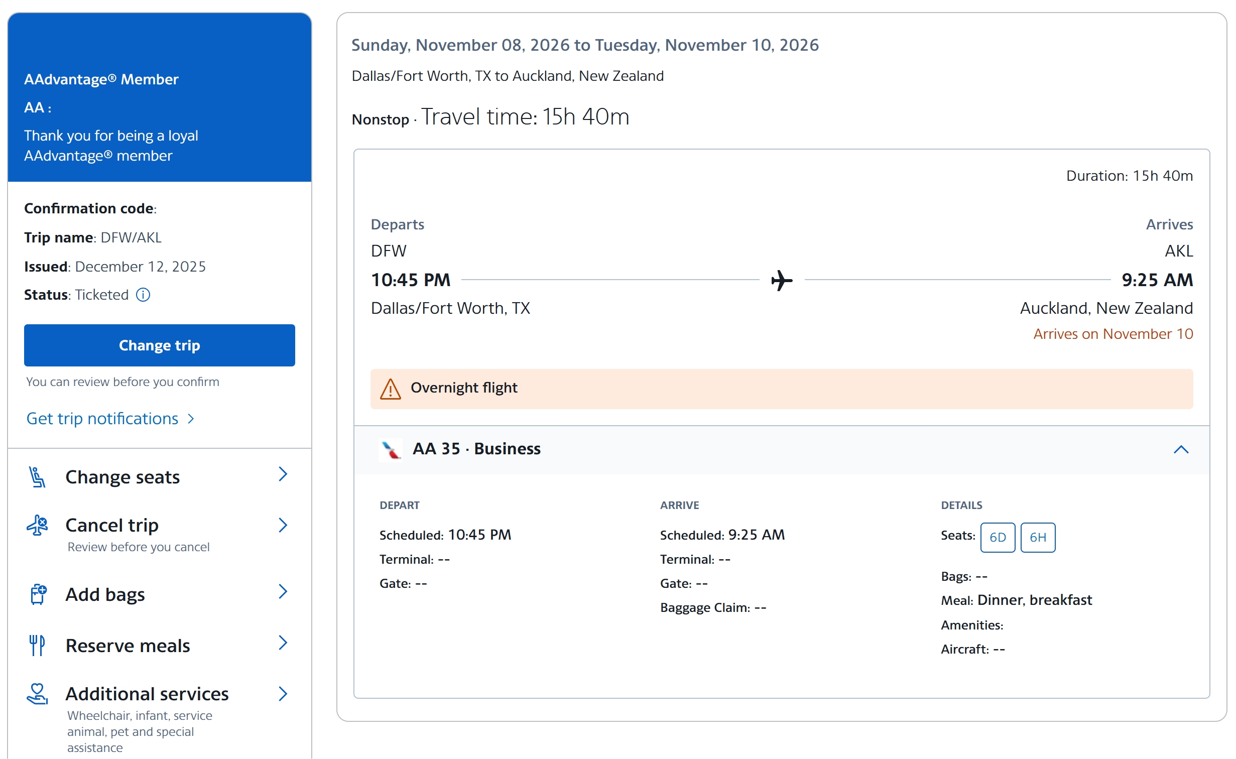 DFW to AKL Business Class