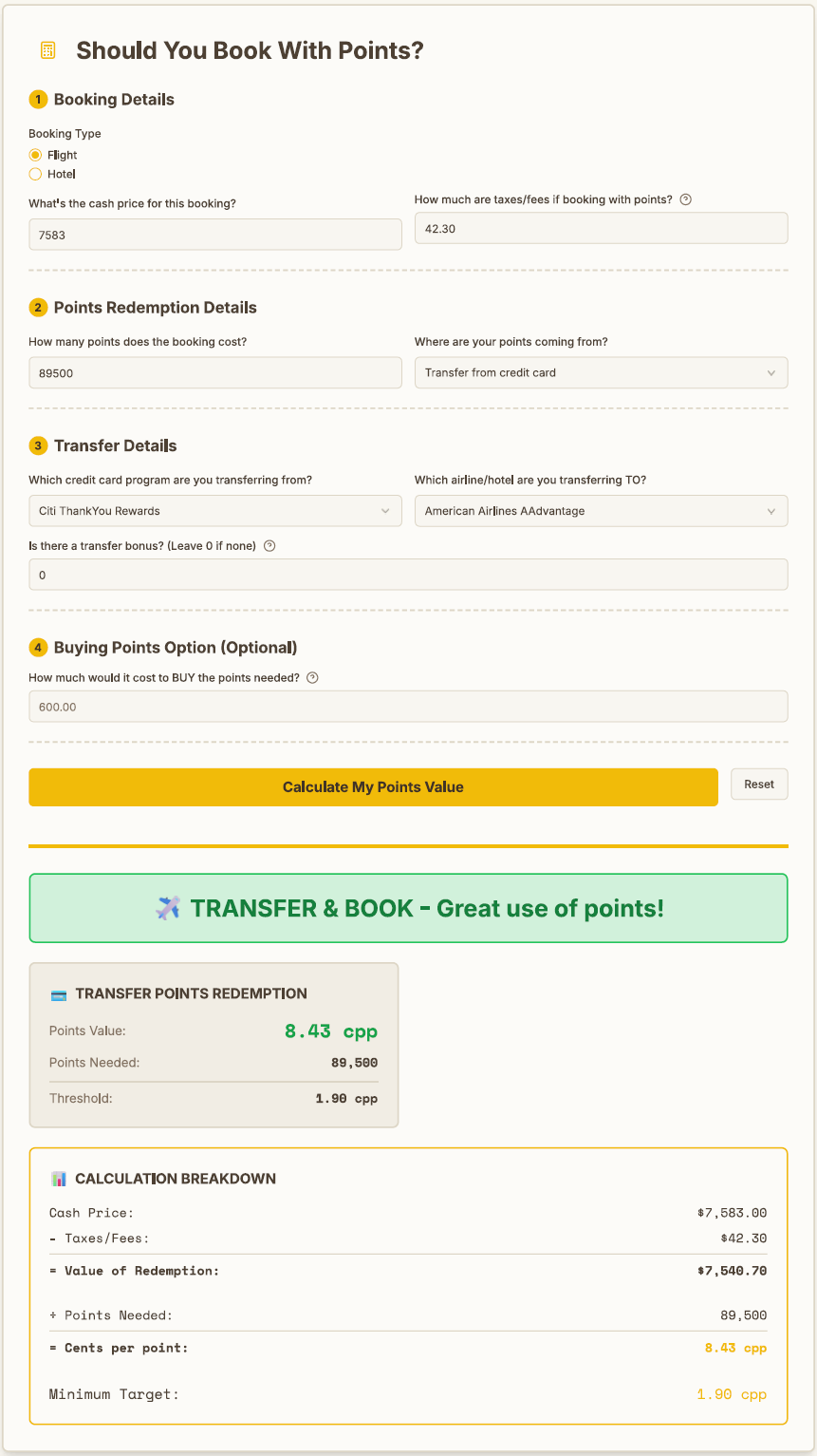 Points or Cash Calculator