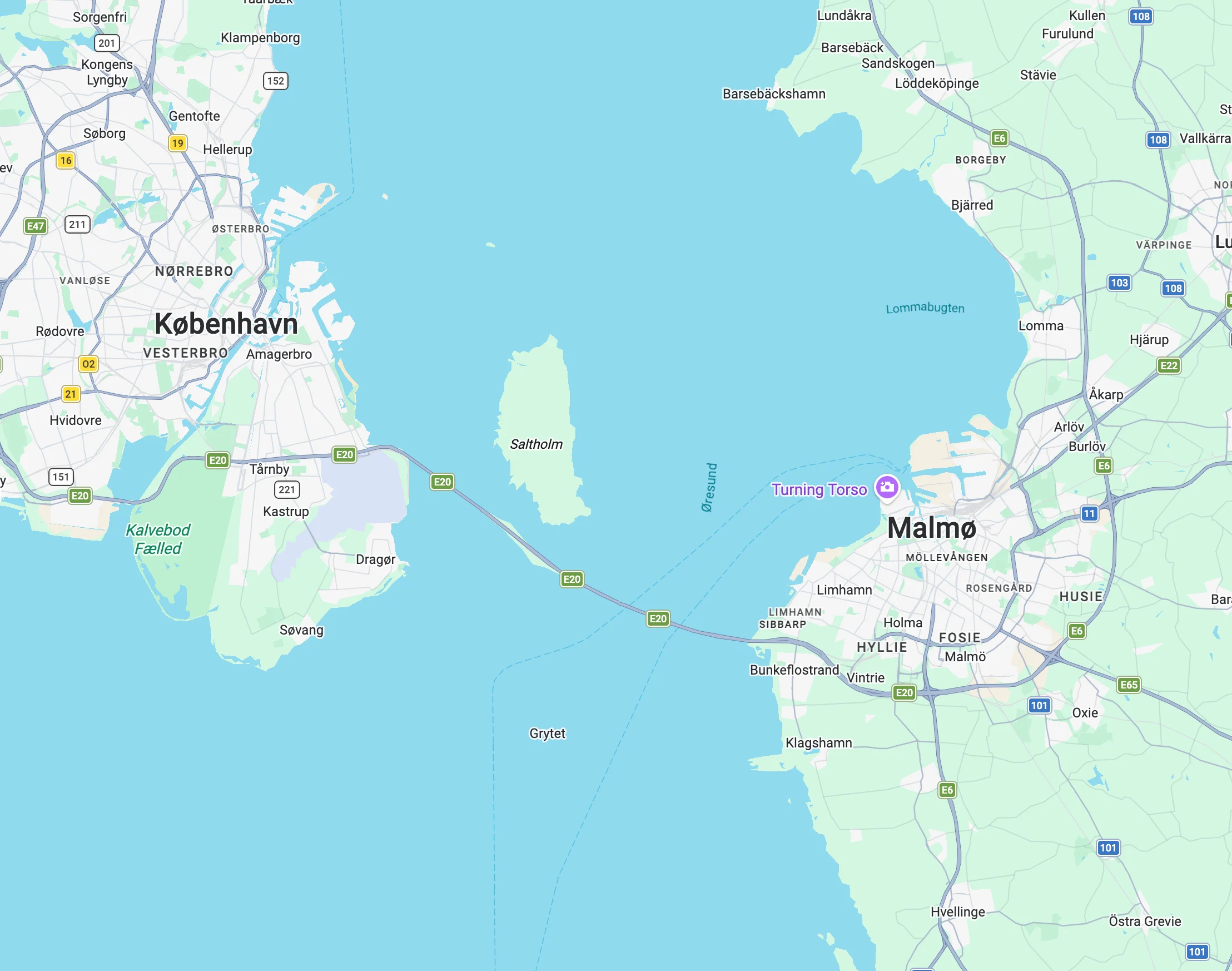 Screenshot of Google Maps showing Copenhagen and Malmö