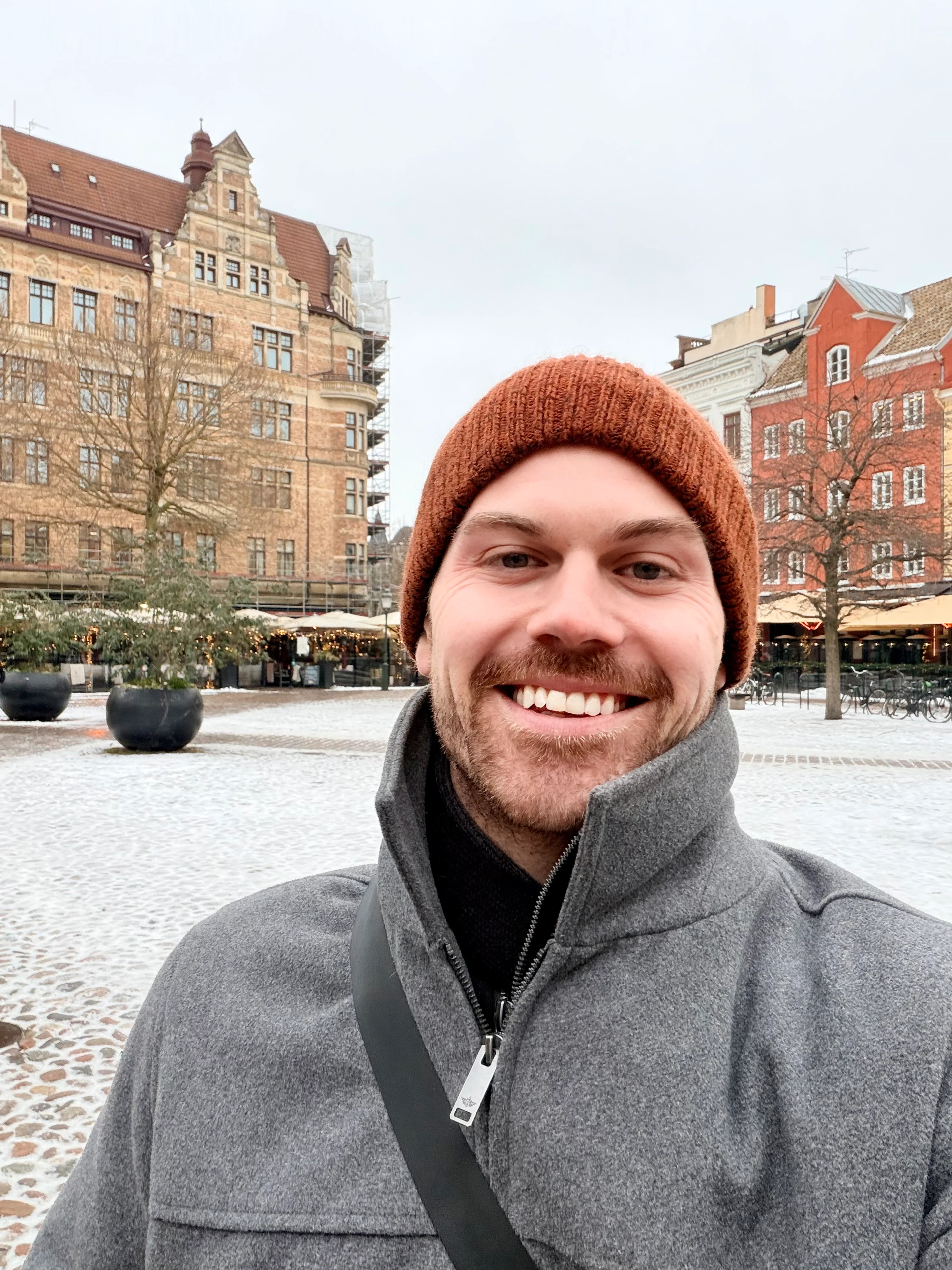 A selfie in Sweden with a friendly 'Hej!'—Swedish for hello.