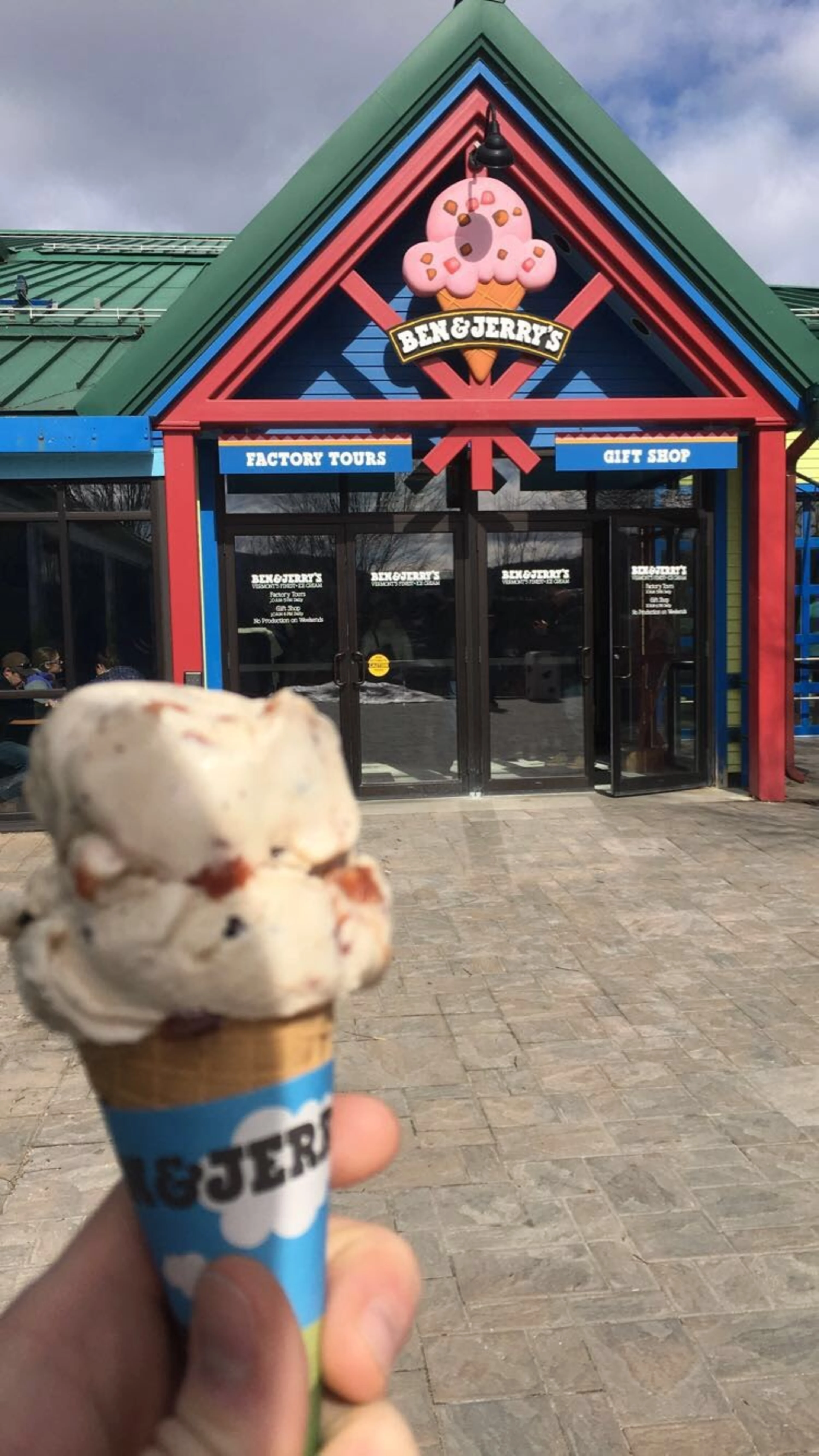 A scoop of Cherry Garcia ice cream eaten outside of the Ben and Jerry's factory in Vermont
