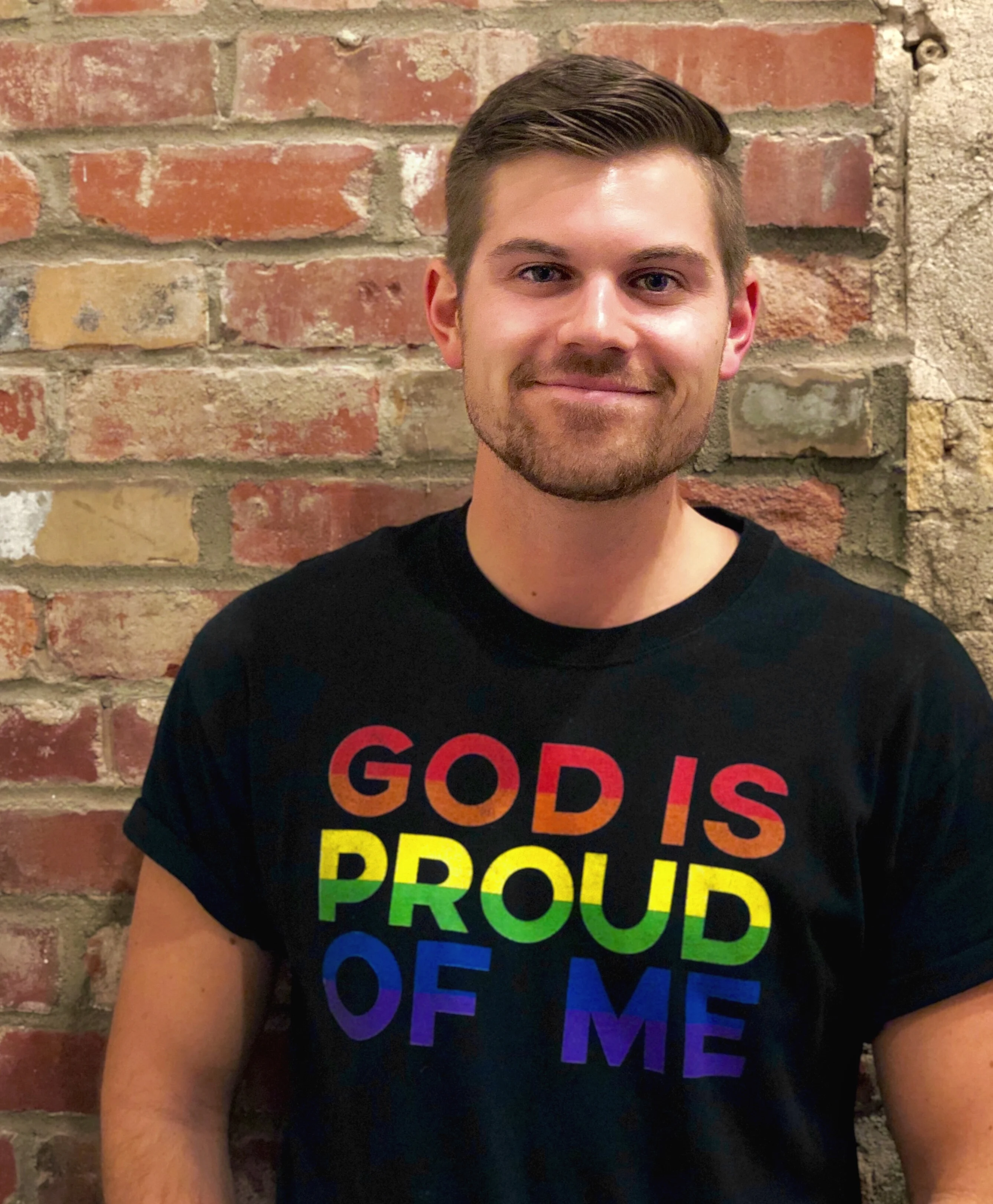 A photo of me, Patrick Weston, wearing a shirt that says "God is Proud of Me"