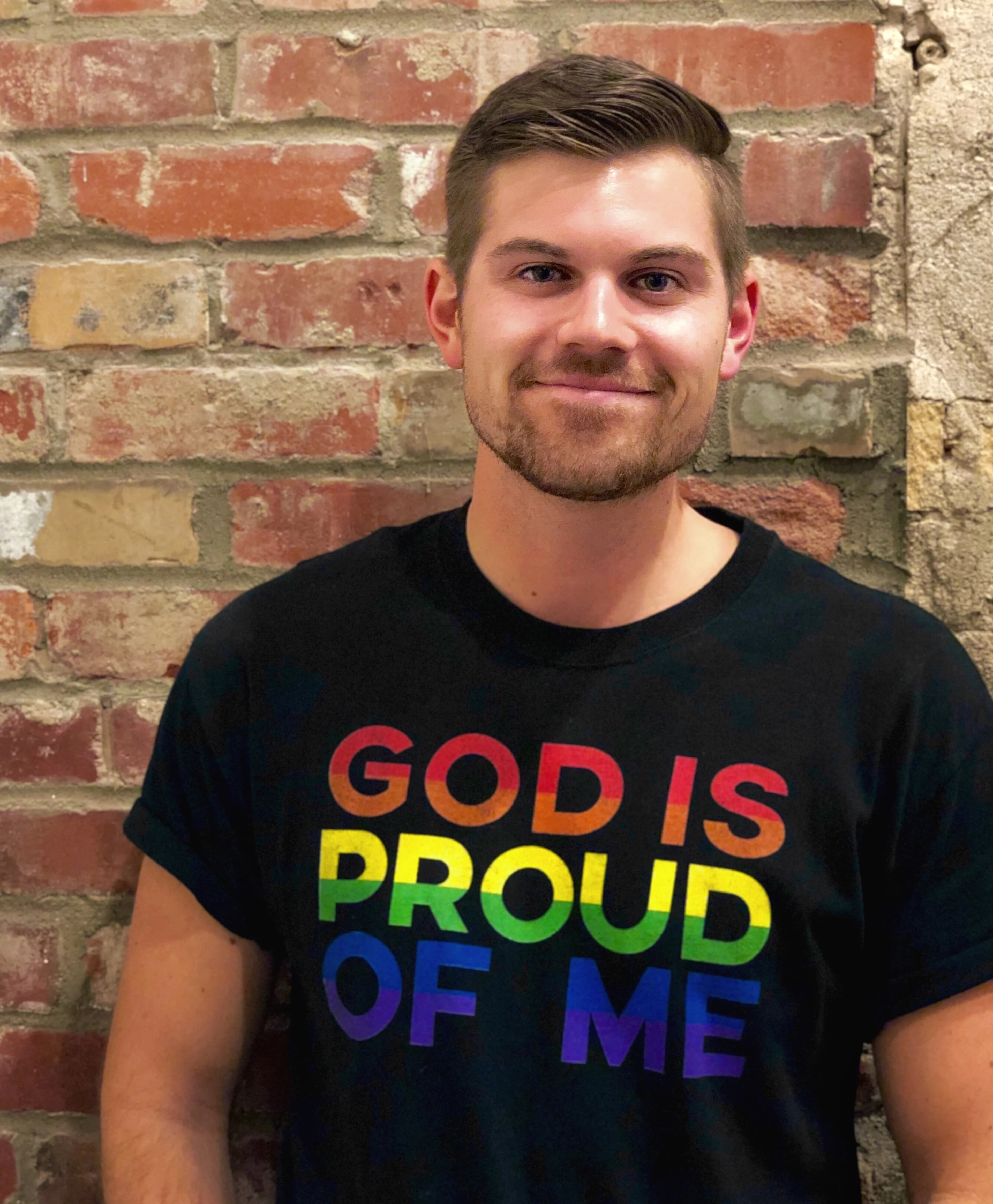 A photo of me, Patrick Weston, wearing a shirt that says "God is Proud of Me"