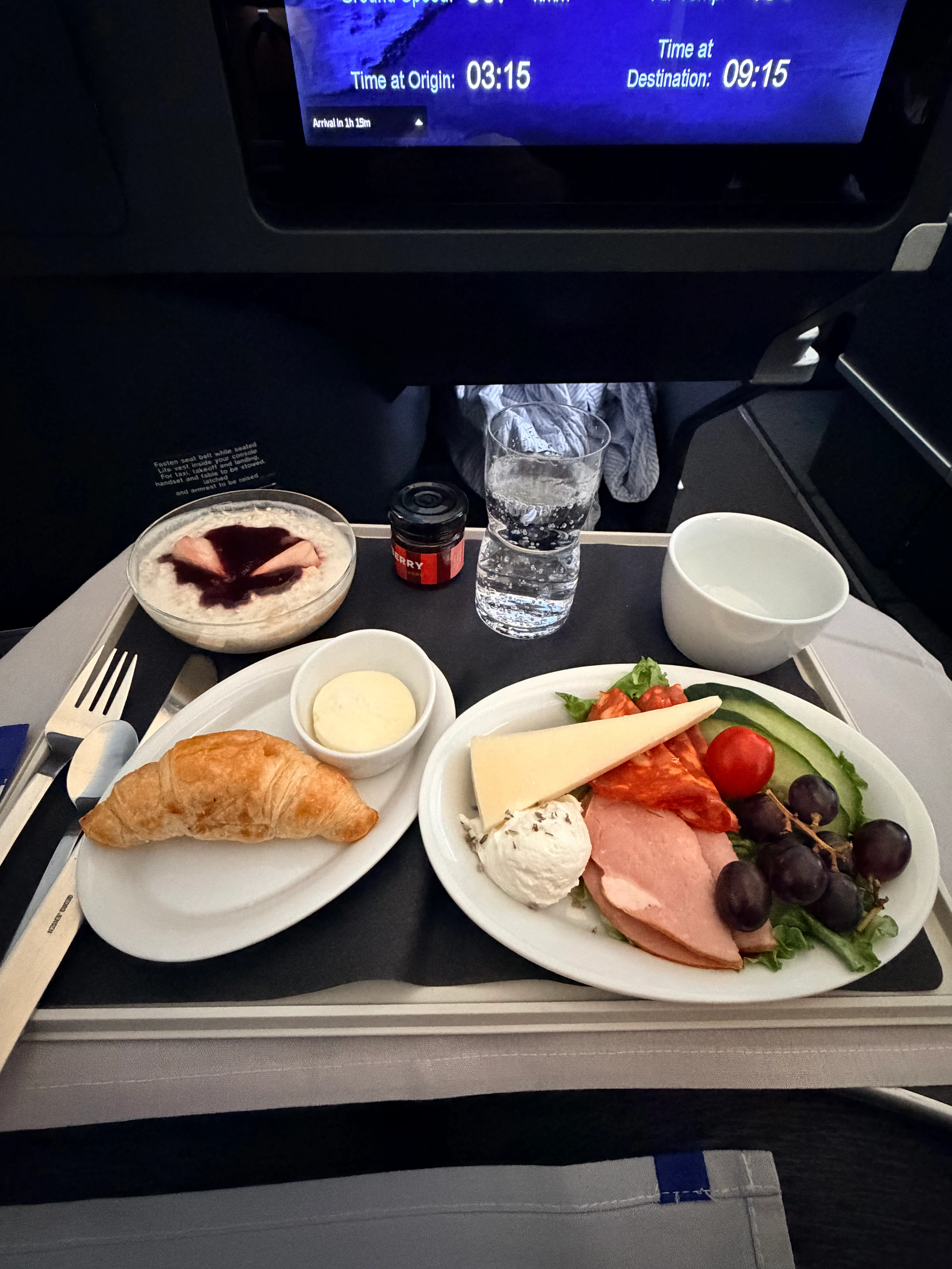 Breakfast served on the plane as the flight nears its destination.