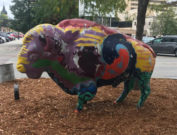 A painted bull statue in Fargo, ND