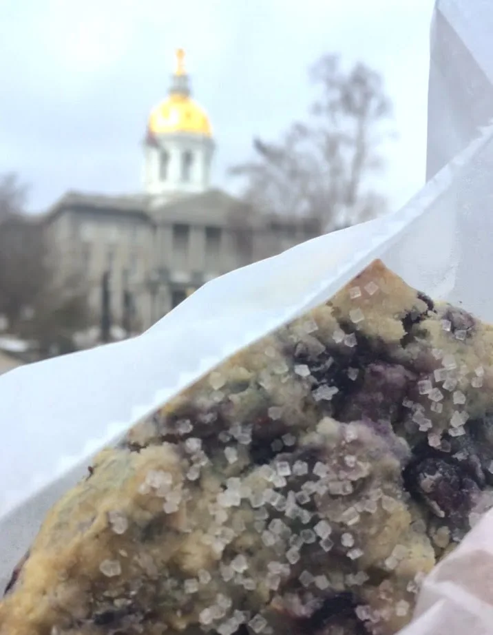 A blueberry scone eaten outside the New Hampshire capitol
