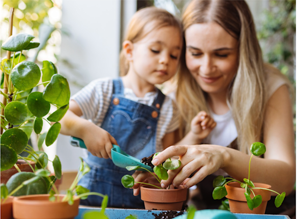 a mother and daughter propagate plants in their home
