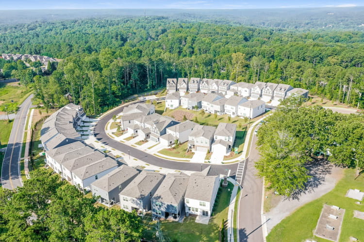 Aerial shot of a rental neighborhood in Holly Springs, Georgia.