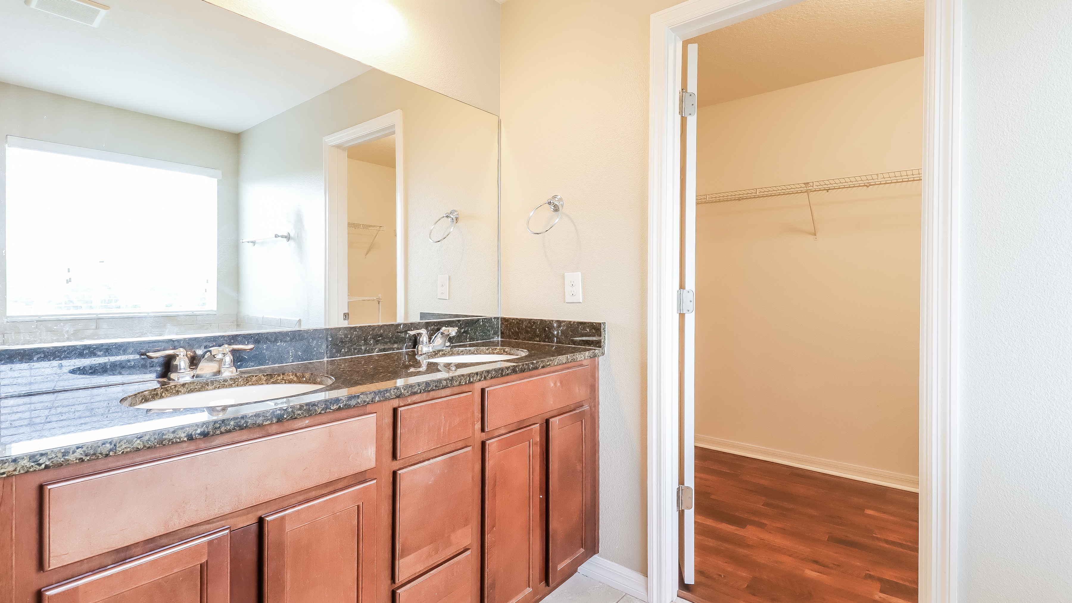 bathroom, wood cabinets, double vanity, walk-in closet, vanity lighting, stainless steel hardware