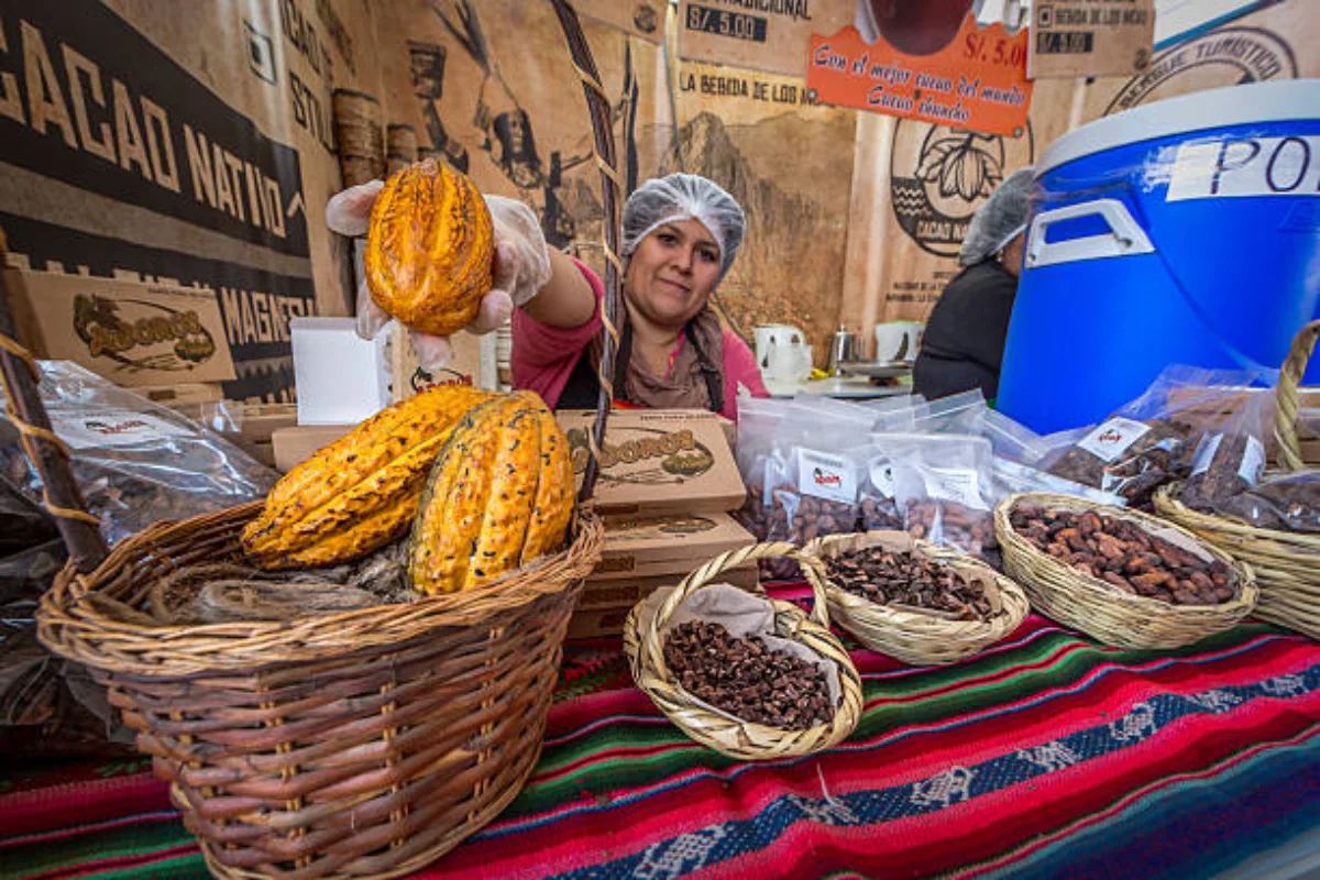 Cusco, Peru: handmade chocolates infused with Peruvian spices and flavors displayed on a colorful woven textile