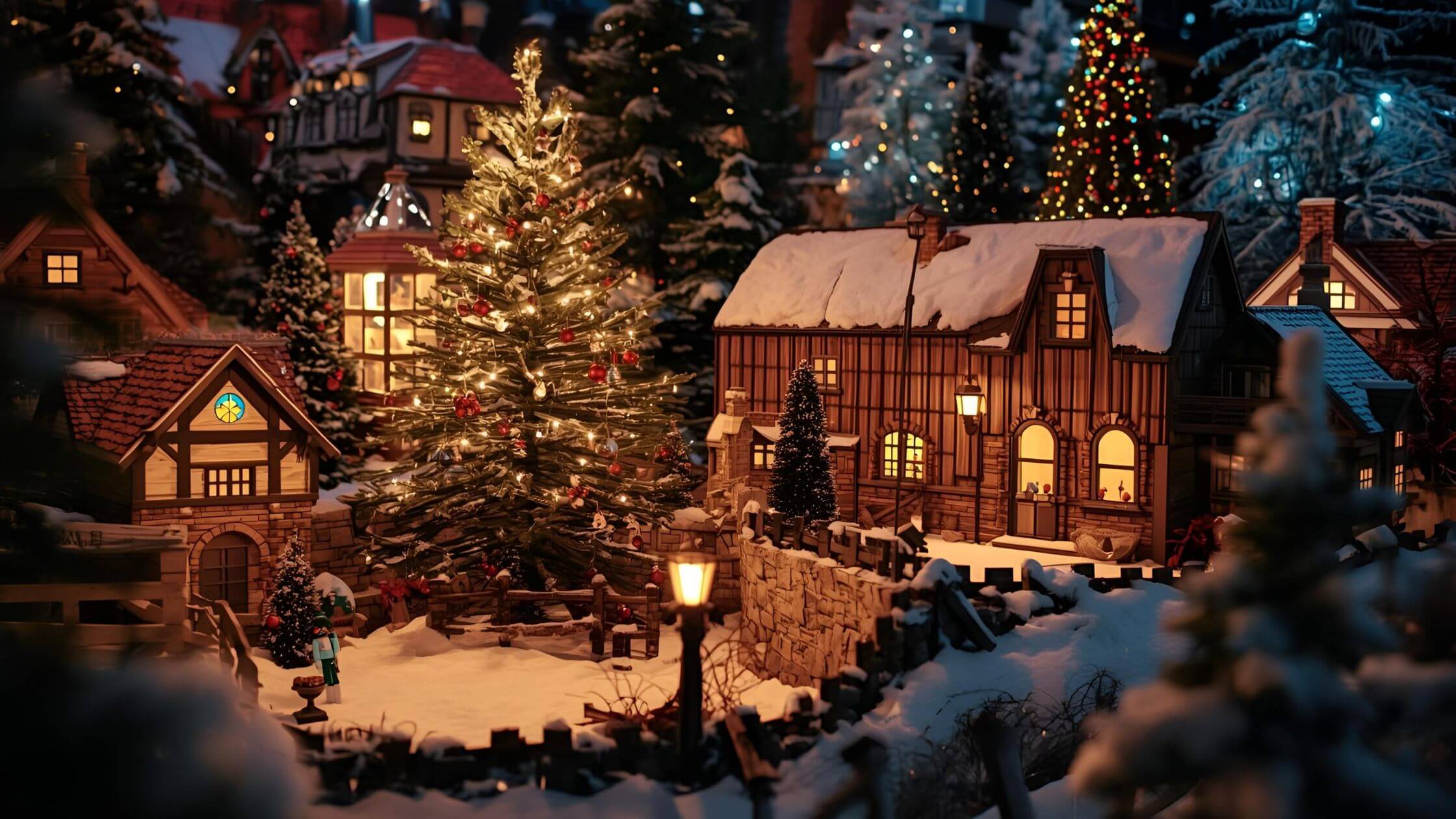 Festive Christmas village with snow and holiday lights in the U.S