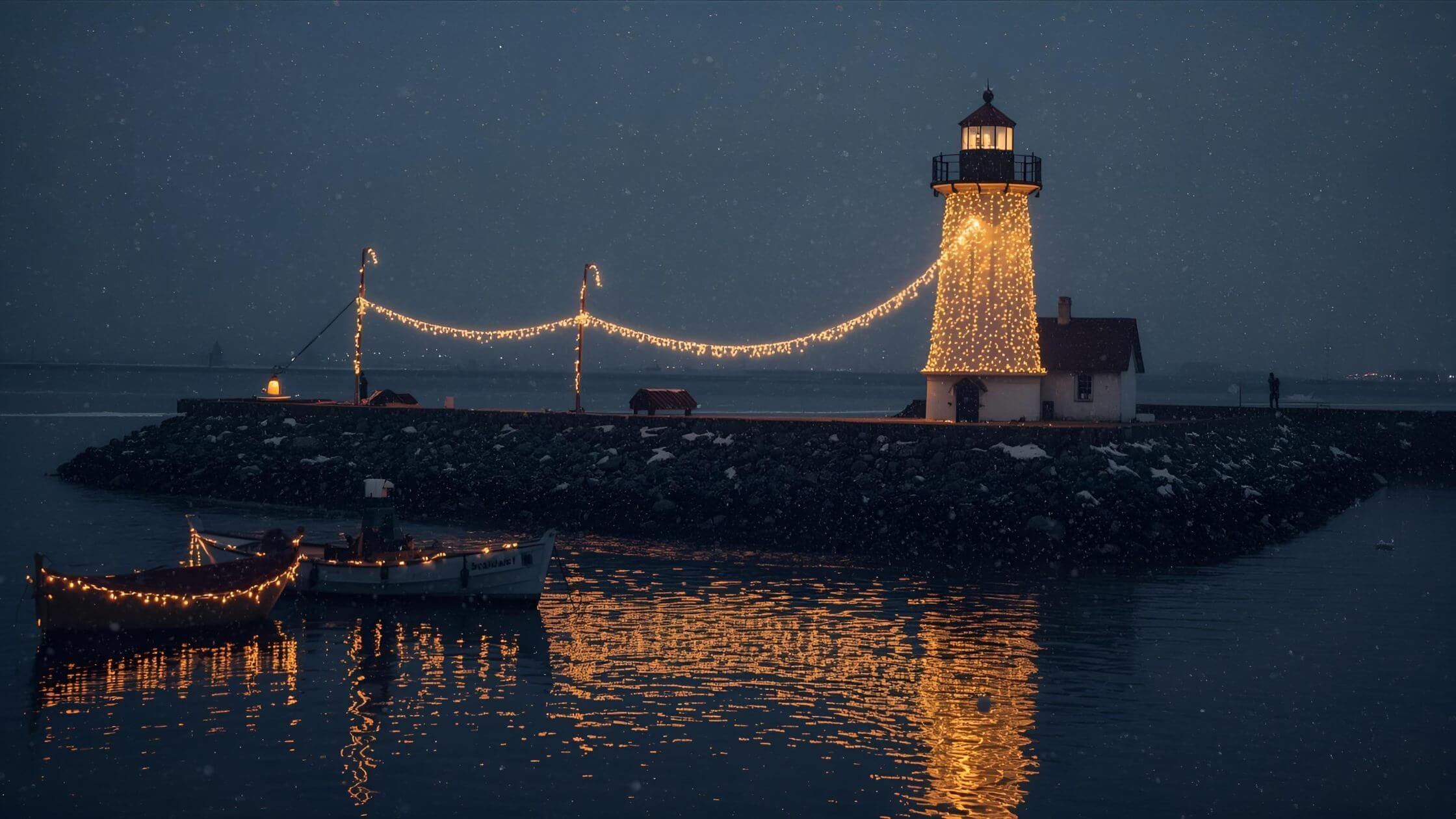 Coastal harbor decorated with Christmas lights and boats reflecting in the water