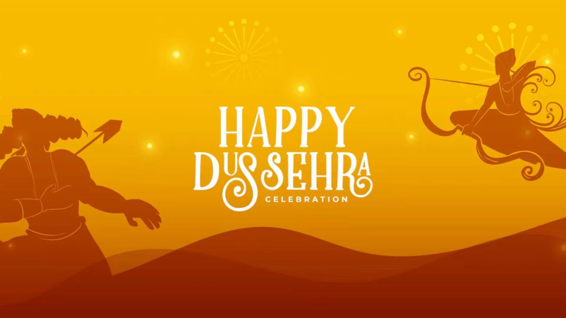 https:An artistic banner for Dussehra 2024 featuring silhouettes of Lord Rama with a bow and arrow and the demon king Ravana. The vibrant orange and yellow background captures the spirit of Dussehra festival with fireworks, symbolizing the victory of good over evil.