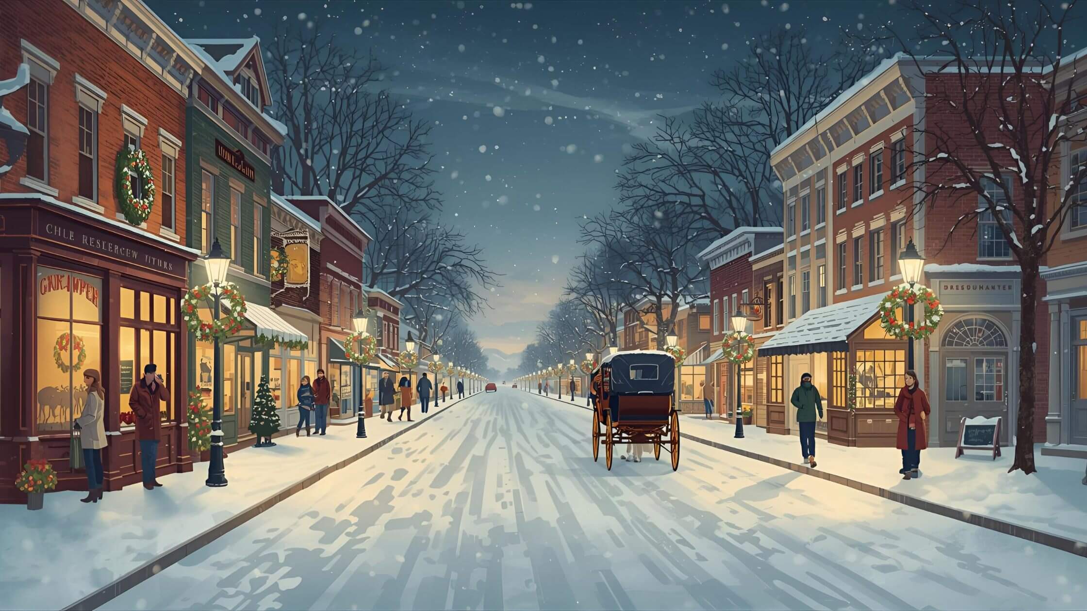 Small-town main street decorated for Christmas with snow and twinkling lights.