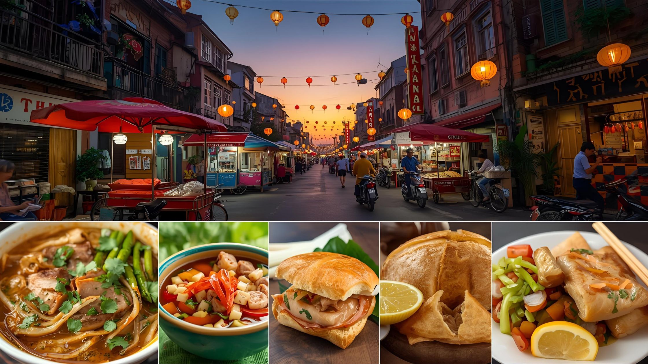 Vietnam Street Food Collage at Sunset” A vibrant, wide-angle banner showing A bustling Vietnam night market (Hanoi or Ho Chi Minh City) Glowing lanterns and street food carts Close-up shots of pho