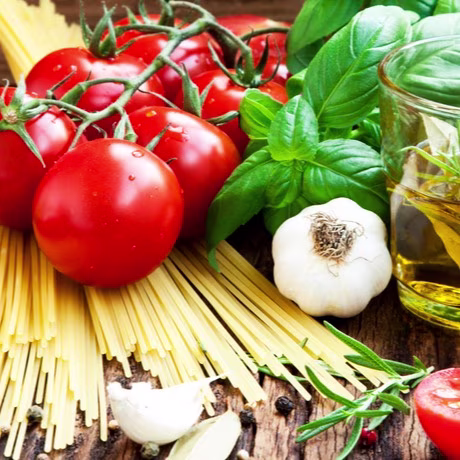 Spaghetti, Tomatoes, Olive Oil, and Basil - Essential Ingredients for Italian Cooking