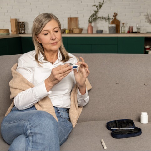 Mature woman sitting on the sofa and checking blood sugar with glucometer