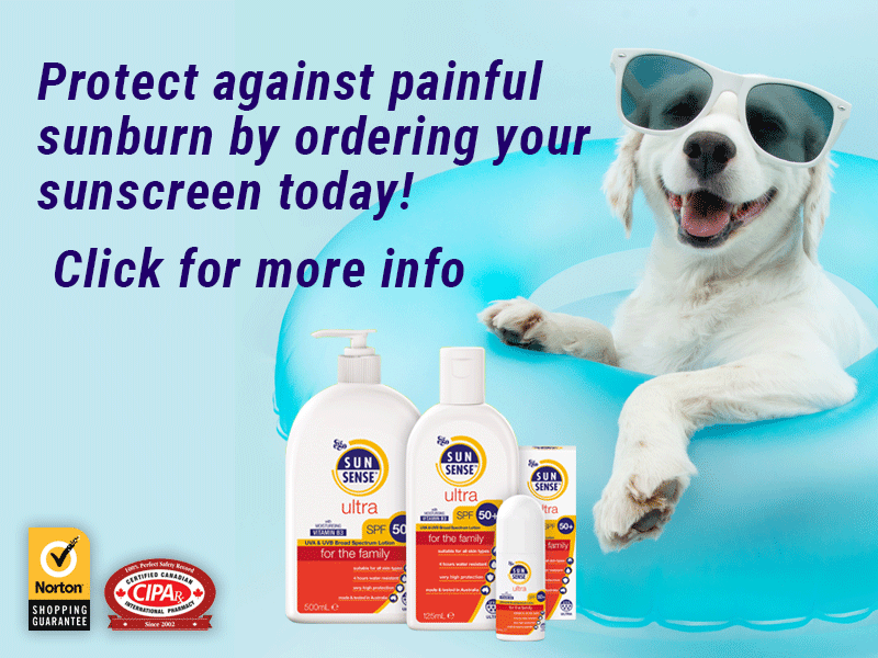 SunSense lotion bottles with dog wearing sunglasses in swimming pool