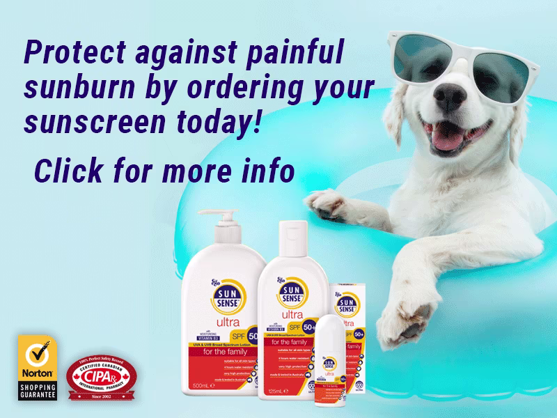 SunSense lotion bottles with dog wearing sunglasses in swimming pool