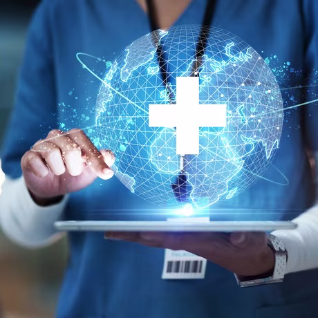 Nurse, hands or technology for 3d globe networking,