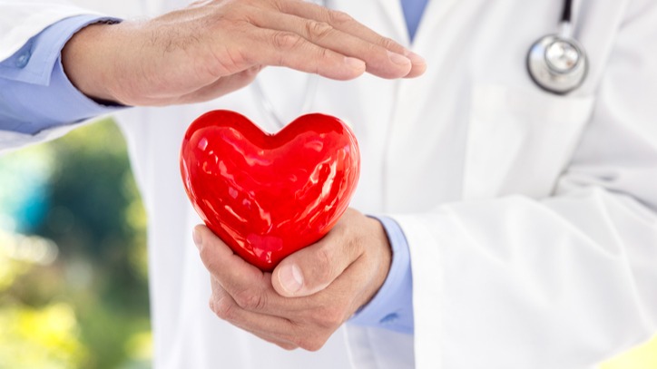 cardiologist holding and shielding red heart