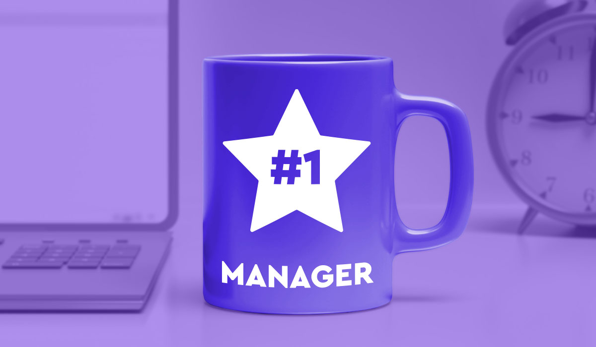A purple mug with a star and the words #1 manager, representing effective managers.