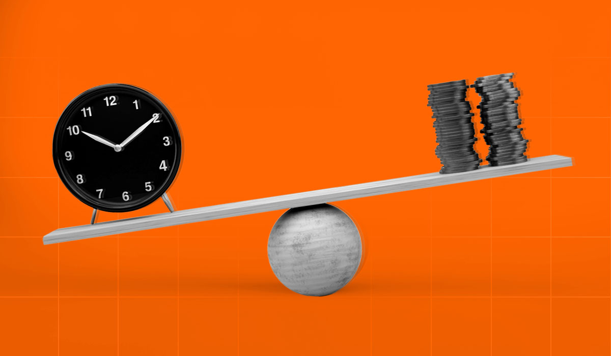 A scale weighing time vs money on an orange background