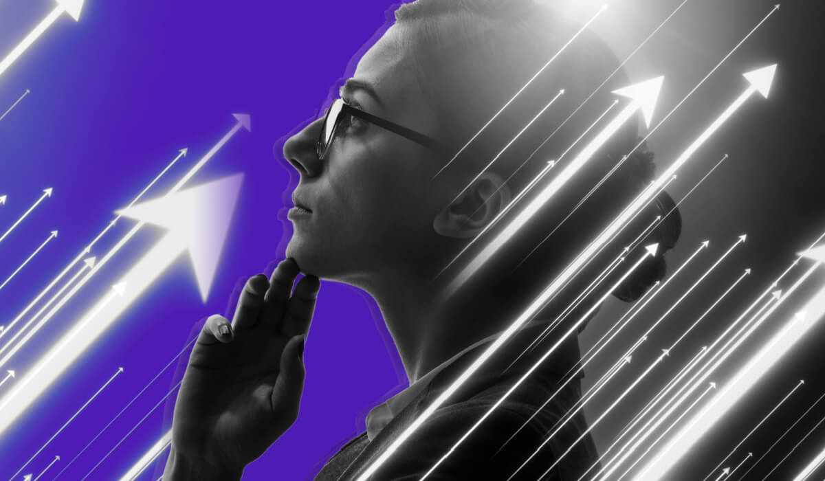 Woman looking thoughtfully ahead surrounded by fast arrows representing HR transformation.