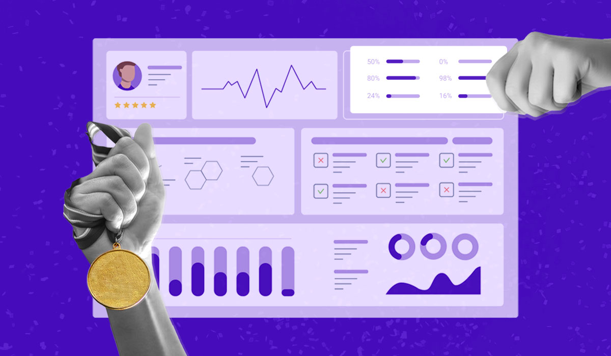 A dashboard with various charts and graphs and a hand holding a medal 