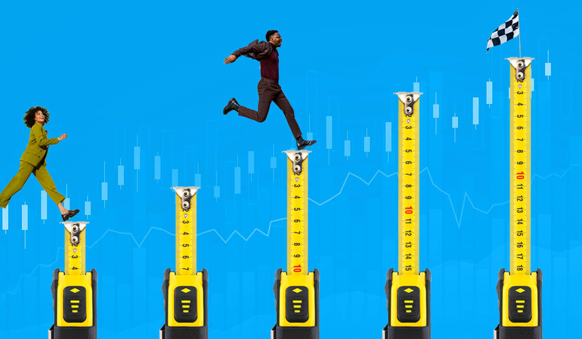 Office workers with measuring tapes, tracking HR metrics