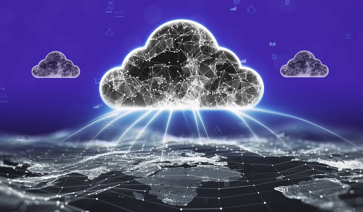 A cloud above a globe connecting multiple points, representing HR data connectors.