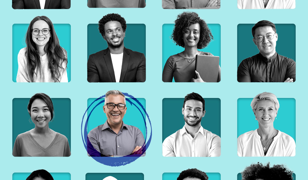 An image with a diverse group of eight people in a yearbook style format, with one candidate circled to indicate they're selected for a job offer. This represents a diverse slate in employee recruiting processes.  