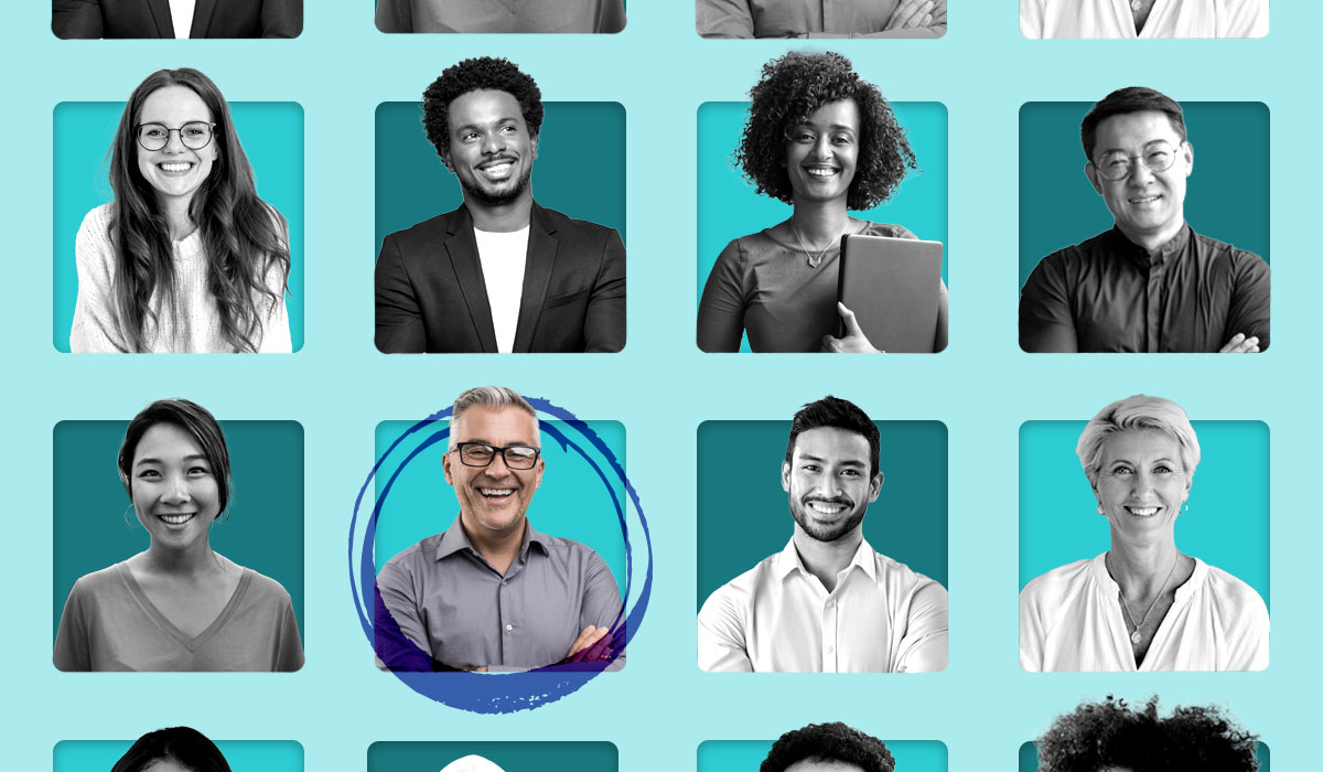 An image with a diverse group of eight people in a yearbook style format, with one candidate circled to indicate they're selected for a job offer. This represents a diverse slate in employee recruiting processes.