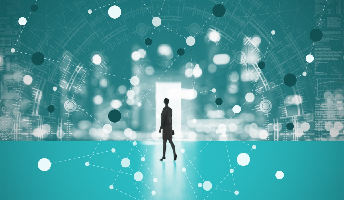 A person looking toward an open doorway surrounded by data connections, representing HR transformation with people analytics.