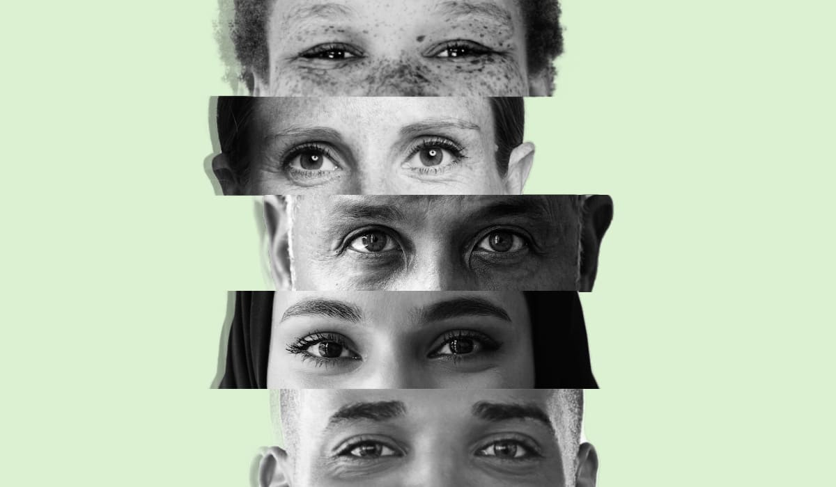 Five sets of eyes representing diverse candidates in recruiting.