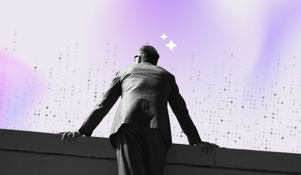A man in a suit stands confidently on a wall against a vibrant purple background.
